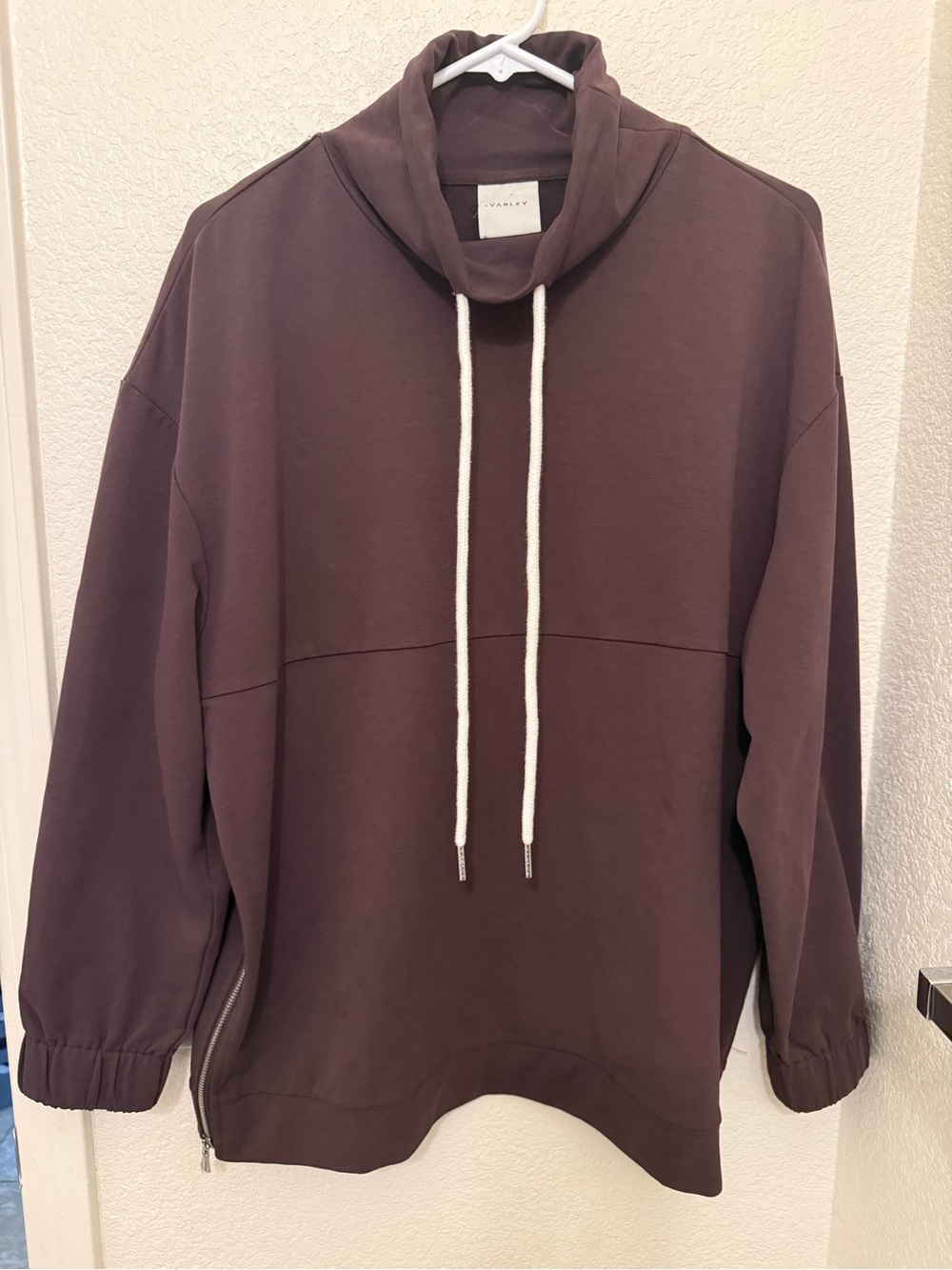 Varley Funnel Neck Pullover in Deep Brown with White Drawcords & side zipper